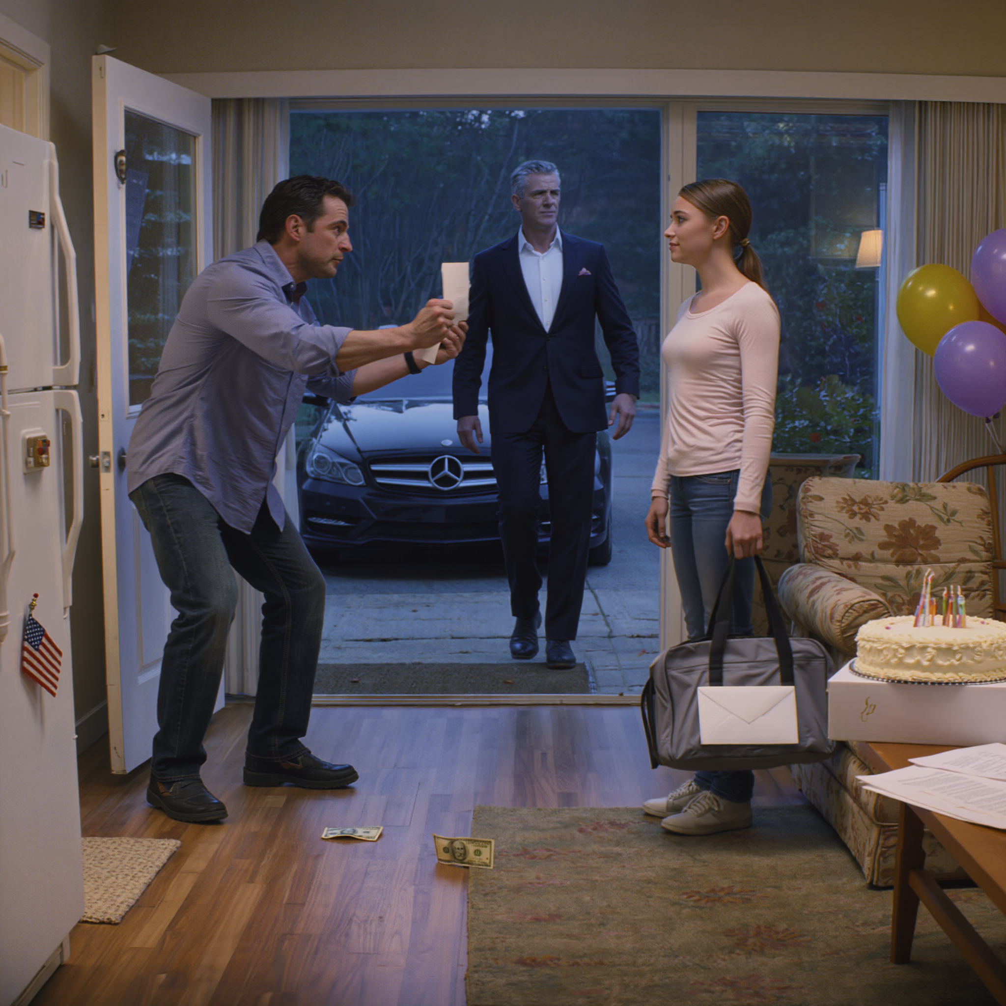 On my 18th birthday, my dad threw a $50 bill at me and snarled, “Get out, I’m done paying for another man’s mistake,” thinking it was the line that would finally break me—so I picked up the money, smiled, handed him the sealed envelope my mother left me four years earlier, and said, “I know… and my real father is waiting outside,” as a black Mercedes pulled up to the curb and I watched his face go from red to ash gray.