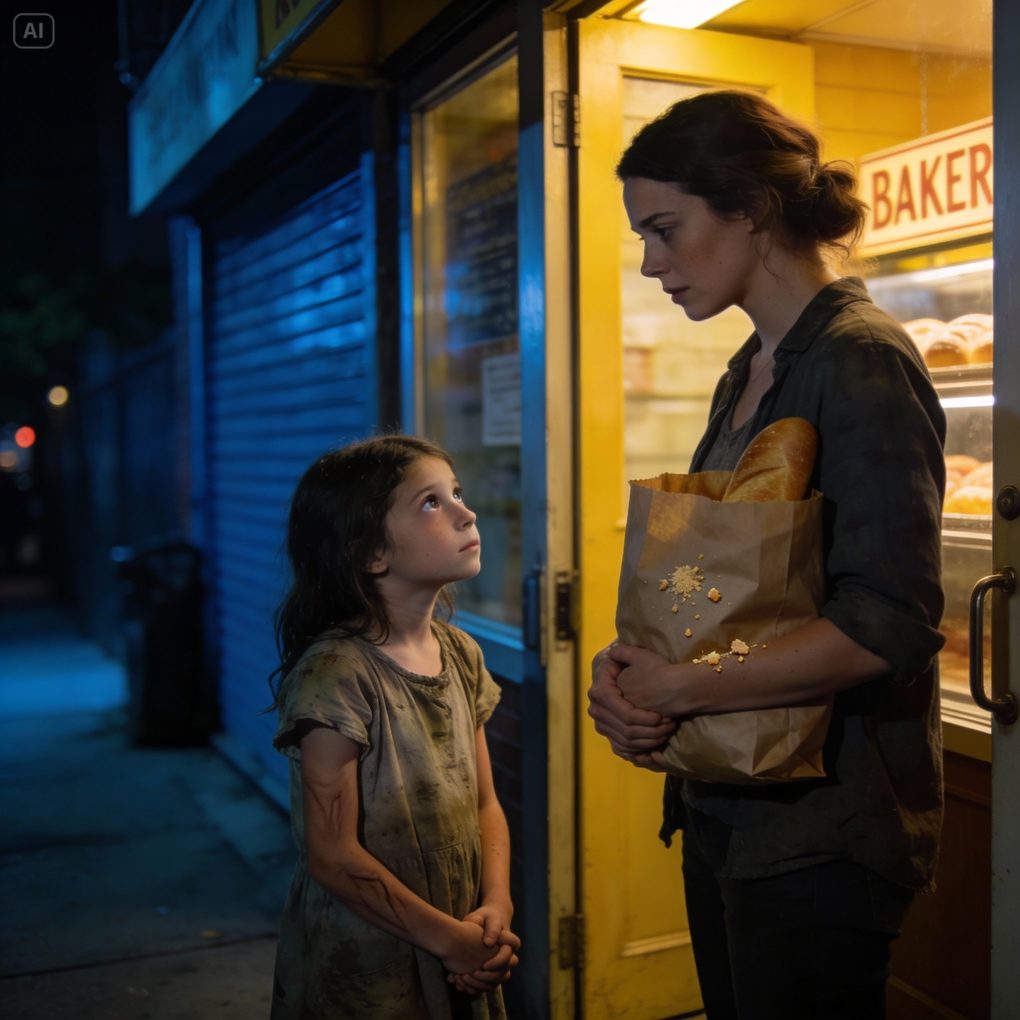 As I closed my bakery and tossed away unsold bread, a small girl stepped out of the darkness. “Do you have any old bread?” she asked quietly. She couldn’t have been more than eight—thin, dirty, starving. I handed her two pieces. After that, she came every night. “One for me,” she’d say, “one for my brother.” One night, I followed her home. And what I discovered broke something inside me. – Story