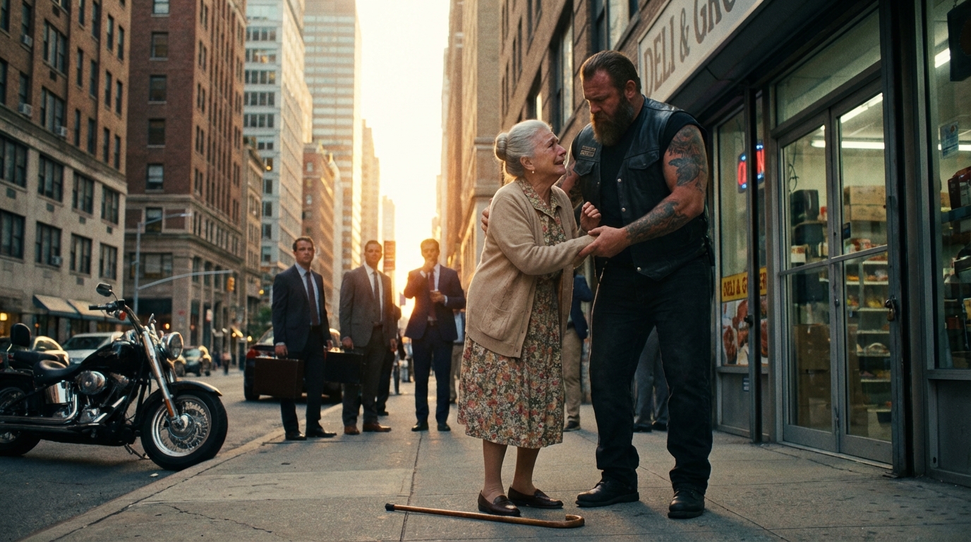 A hell’s angel helps an elderly woman who has fainted, and what happens next changes their lives forever.