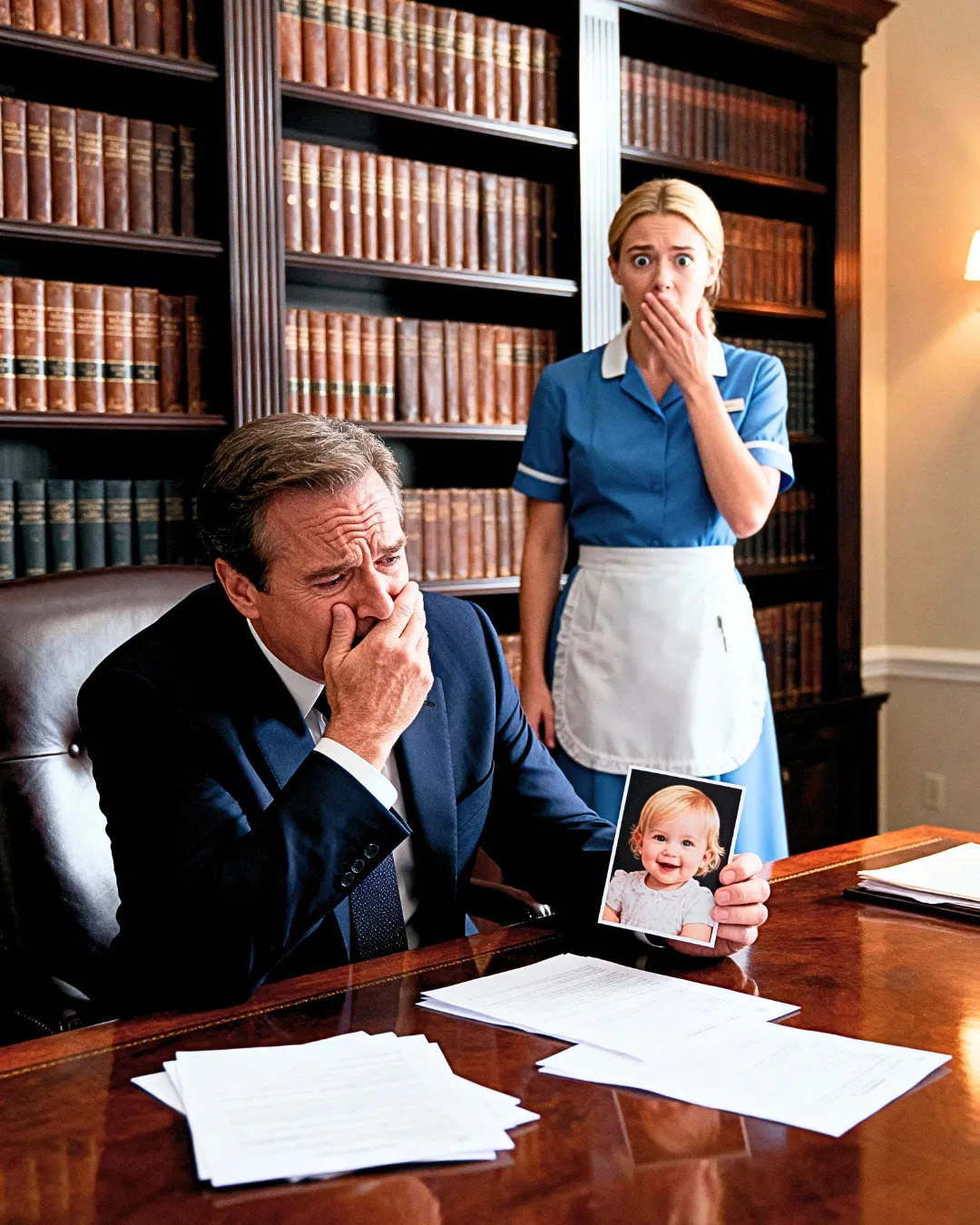 Forced to work nights, a cleaner sees her boss crying while looking at a photo of with her face appears…