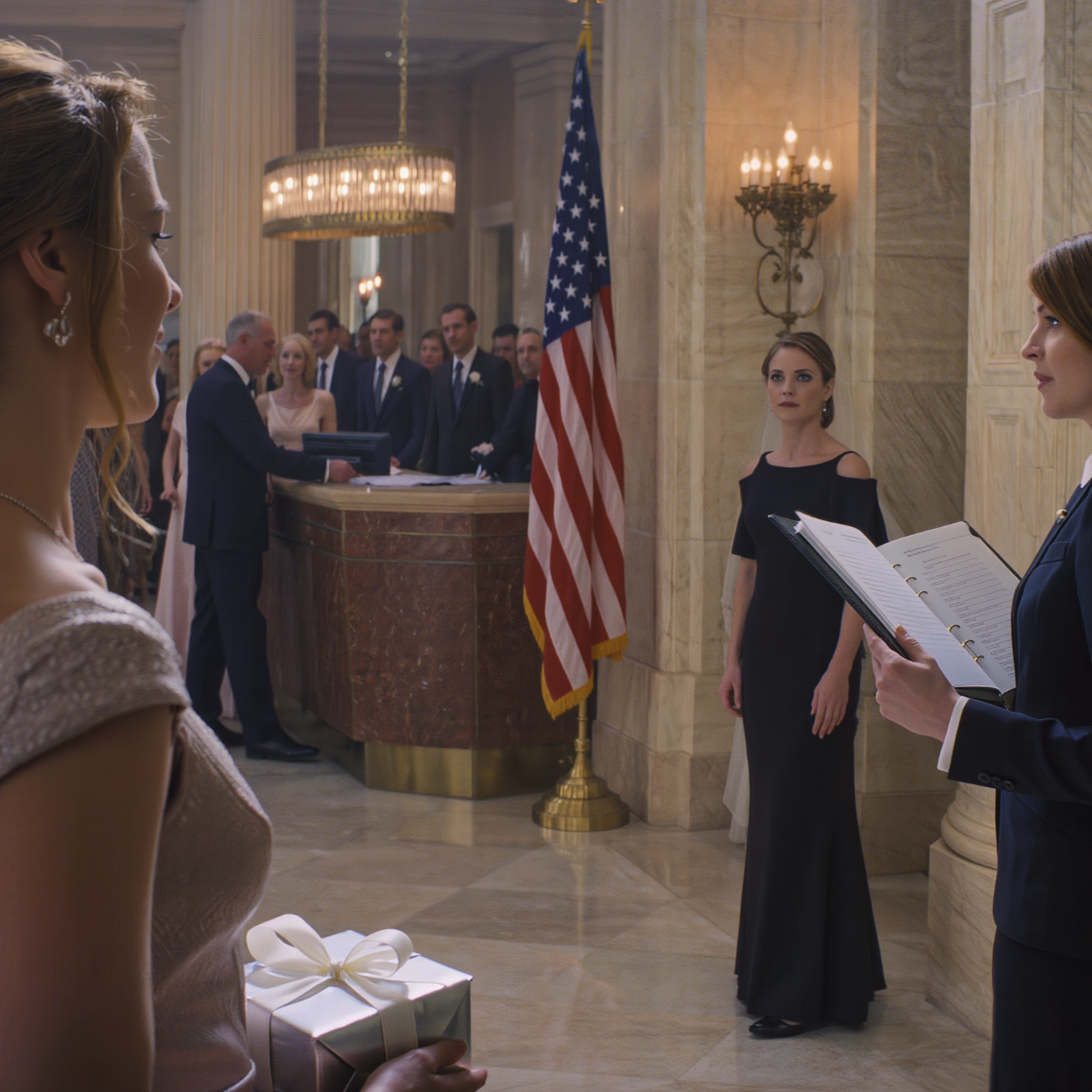 Flew from Los Angeles to Boston for my sister’s wedding, the moment I gave my name the staff flipped through the list and shook their heads: “You’re not on it,” I called my sister and heard her sneer: “You think you’d be invited?” I just set a small silver box on the gift table, turned my back, and went straight to the airport. Hours later, the ballroom with 400 guests was in chaos, my phone vibrating nonstop…