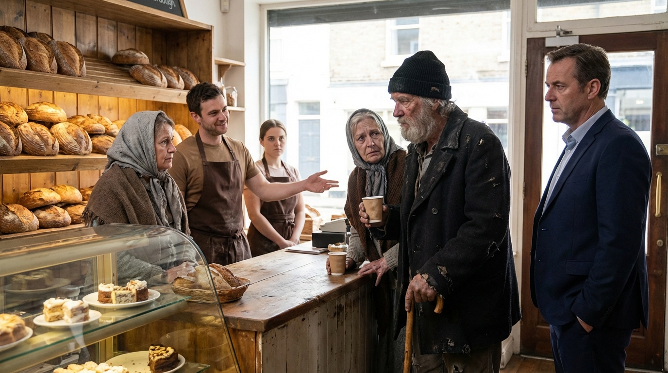 “Is there a cake you’re about to throw away?” the homeless man asked softly… The millionaire inside the shop saw it all.