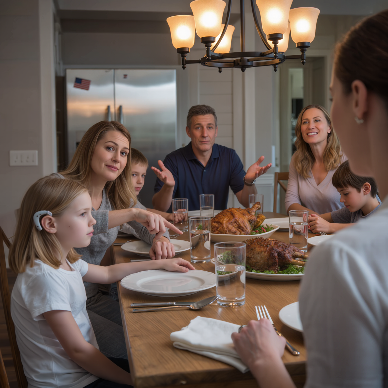 At a family dinner, my sister pointed and laughed, calling my 6-year-old daughter’s hearing aid “robot ears”… my mom said, “Wear one that’s less visible,” my dad brushed it off: “It’s just a joke—stop being so sensitive” — I stayed silent… until my husband stood up, threw the door wide open, and said exactly ONE word… the next morning, the whole family woke up and finally understood the “price” of a joke…