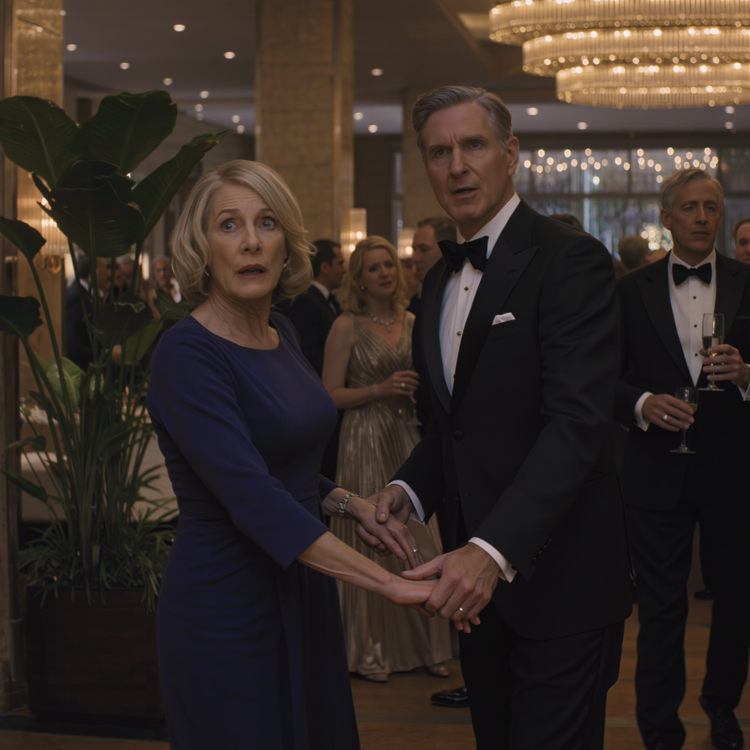 The night my husband hid me behind a plant at his company gala and the new CEO walked straight past him, took my hands, and said he’d been searching for me for thirty years