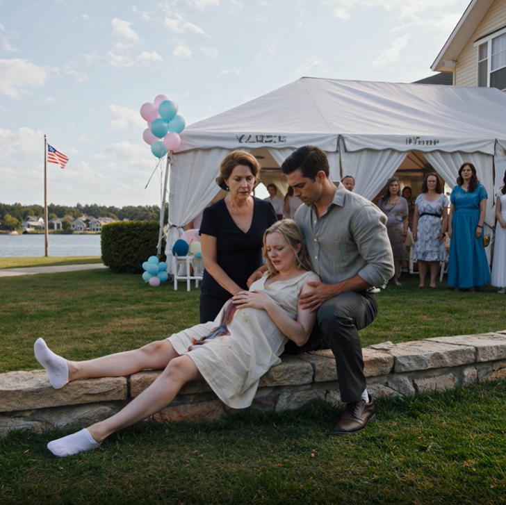 At my sister’s baby shower I was 9 months pregnant, begging just to sit down—my mom refused, shoved me toward the stone curb in front of sixty guests, and as I lay there on the ground screaming in pain, my husband walked in, saw everything, and said one sentence that made her go white as a sheet