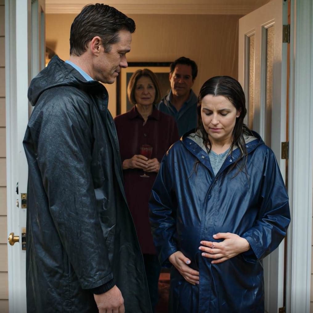 My husband and his mother left me outside in the cold rain when I was six months pregnant. Through the glass, I knocked and called out until the lights went dark. At midnight, I returned—with someone they didn’t expect. When the door opened, my husband fell silent, and my mother-in-law’s glass slipped and shattered as she recognized the man.