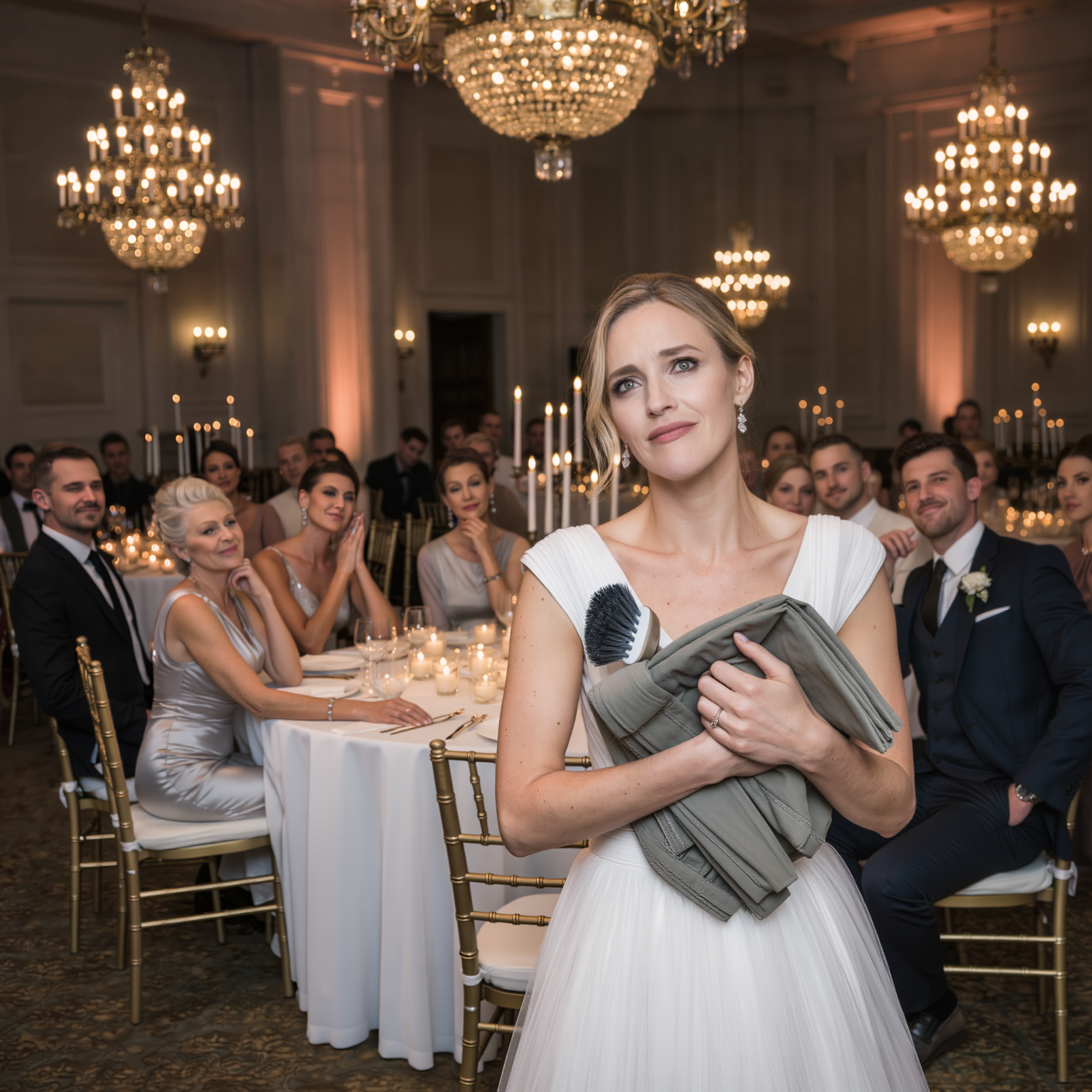 At my daughter’s wedding, her mother-in-law gifted her a housemaid uniform. my son-in-law smiled and said, “perfect. she’ll need it at home.” my daughter burst into tears. i stood up quietly and said, “now… open my gift.” when they saw what was inside the box, the entire room went silent.