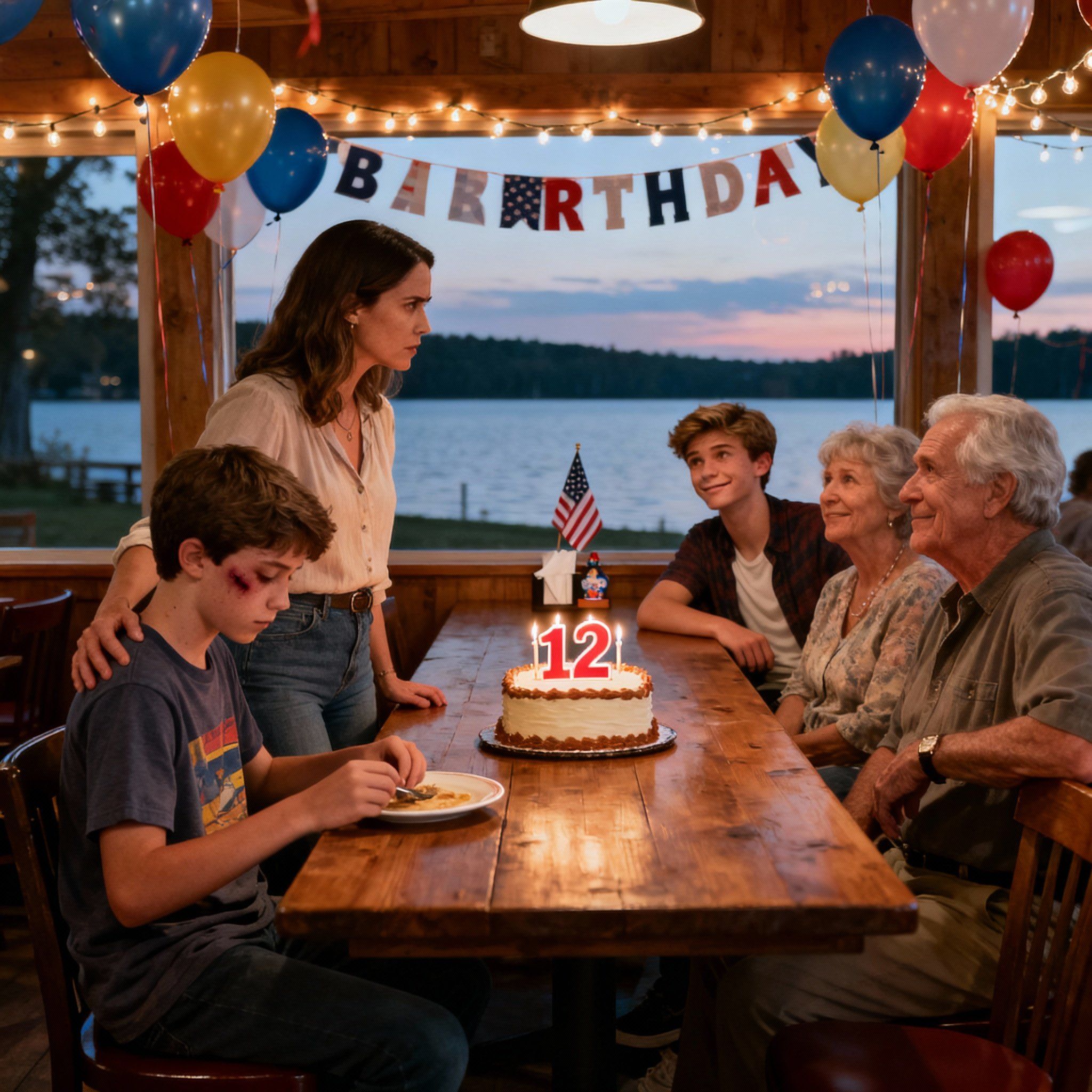My son walked into his 12th birthday party with a fresh black eye… and my nephew leaned back in his chair, smirking. “I just taught him a lesson,” my sister’s fifteen-year-old said, loud enough for the whole table to hear. “My parents say I’m never wrong anyway.” Everyone laughed. I’m Jillian, 40, single mom, and owner of a little place on the water called Harper’s Lakeside. I’d spent weeks planning that night for my boy, Theo—balloons, homemade cake, his favorite songs, the whole dining room filled with people who claimed to love him. But the second I saw that bruise under his eye, my stomach dropped. “Who did this to you?” I asked, my voice sharper than I meant. Theo’s eyes flicked to my sister, then to her son. He swallowed hard. “It was nothing, Mom,” he whispered. “We were just playing.” “Yeah,” my nephew added, grinning. “He knows who’s in charge now.” Uneasy laughter rippled around the table. My parents chuckled. “Boys will be boys,” my mom said, as if that made it fine. My dad clapped my nephew on the back like he’d scored the winning touchdown. My sister stared at her wine glass, not at me. Not at Theo. I felt my pulse pounding in my ears. A week earlier, I’d overheard my sister down by the dock, hissing into her phone about how “Dad’s giving Theo everything” and how someone needed to “show him what responsibility feels like.” I’d chalked it up to jealousy over the restaurant—my plan to leave Harper’s Lakeside to Theo one day instead of to her or her son. Now I was wondering what she’d set in motion. Later that night, after the guests left and the house went quiet, a friend who’d stayed to help clean pulled me aside. “I heard something last week,” she said. “Out by the dock. Theo was crying. I swear I heard Tucker’s voice. I thought they were just messing around, but now…” I went cold. We have security cameras along the back of the property—installed after a break-in last year. Hands shaking, I pulled up the footage from that night. There was my small boy on the screen, standing by the water, shoulders hunched. There was Tucker, taller, looming over him. I watched my nephew shove him hard, watched Theo stumble and fall, watched him hit the ground and clutch his face. I watched my sister, just a few feet away, arms crossed… doing nothing. No shock. No rush forward. No “stop.” Just… watching. The next day, I fired my sister from the restaurant. I revoked her access to our accounts. I told my parents. They begged me not to “overreact,” to keep it in the family, to think of our reputation. My sister cried, swore she “never meant for him to get hurt,” that she’d only told her son to “teach Theo a lesson.” Then she admitted what I already knew: she was furious the restaurant would go to my boy instead of hers. I didn’t shout. I didn’t throw anything. I just called child services. “You’ll ruin us,” my mother said, horrified. “You already did,” I answered. It wasn’t easy after that. There were interviews and paperwork. My parents stopped coming around. My sister sent letters I never opened. There were nights I lay awake wondering if I’d done the right thing. But every time doubt crept in, I remembered Theo’s voice at that table, small and shaking, asking the question none of us wanted to hear: “Why did you let him?” That question changed everything. A year later, the sign out front doesn’t say Harper’s Lakeside anymore. It says Theo’s Lakeside Kitchen in big blue letters my son helped paint. He buses tables after school, learns to count the till with Connie, my manager and the closest thing either of us has to real family now. Our regulars ask him how his day was. He laughs more. He walks taller. Sometimes people still whisper about what happened. About how I “cut off” my own sister. About how I “made a big deal” out of “just a fight.” I let them talk. Because the truth is, I’d rather be the mom who “made a big deal” than the aunt who stood on a dock and watched a boy get hurt. Blood doesn’t make you family. Your choices do. And if I’ve learned anything from a birthday party gone wrong, it’s this: my job isn’t to keep the peace at the table. It’s to protect the kid blowing out the candles.