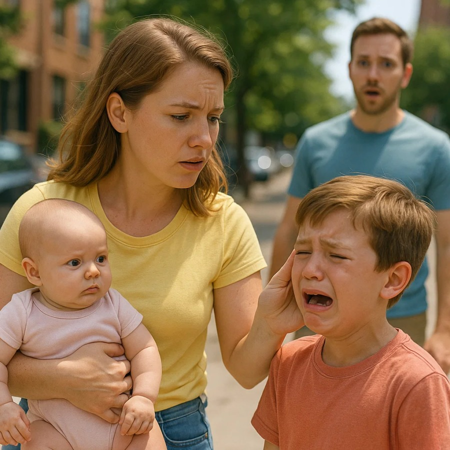 A humble mother helps a crying little boy while holding her son, unaware that his millionaire father was watching