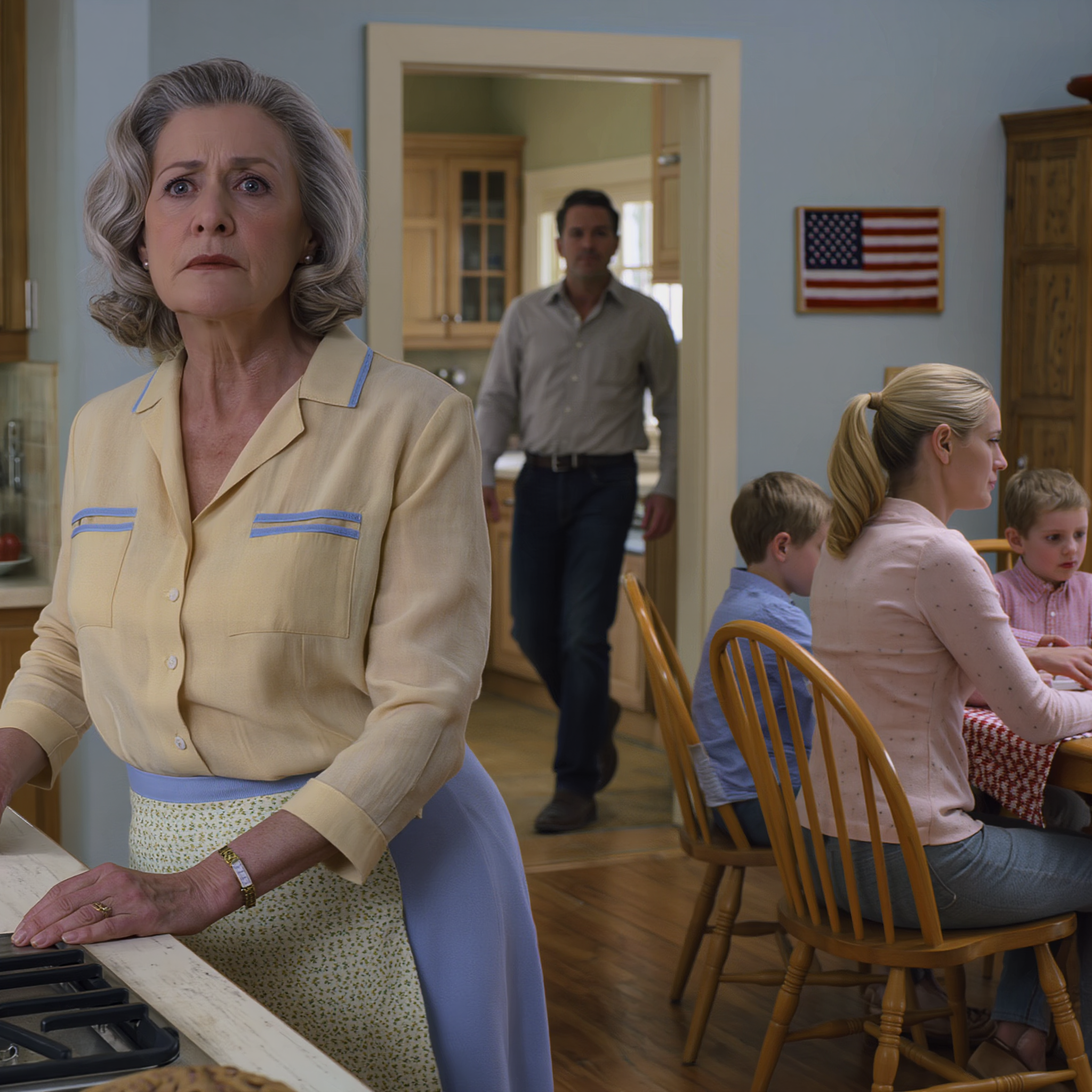 During dinner, my daughter-in-law said, “Mom, go eat in the kitchen. I only want my own family to eat at the dining table!” I silently gripped the apron tightly. A few minutes later, my son walked in.