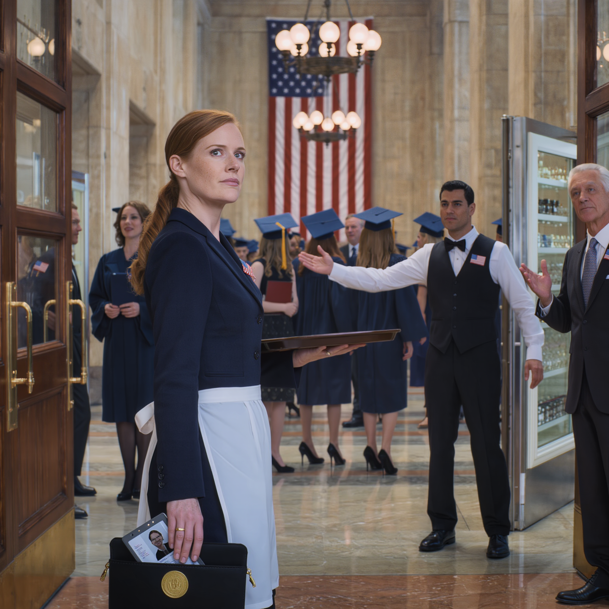 At my son’s law school graduation event, they mistook me for staff… At the law school reception my son attended, they pointed me toward the kitchen: “Catering staff this way.” I could have shown my federal judge ID right then—but when his girlfriend’s father said, “Keep that cleaner away,”…