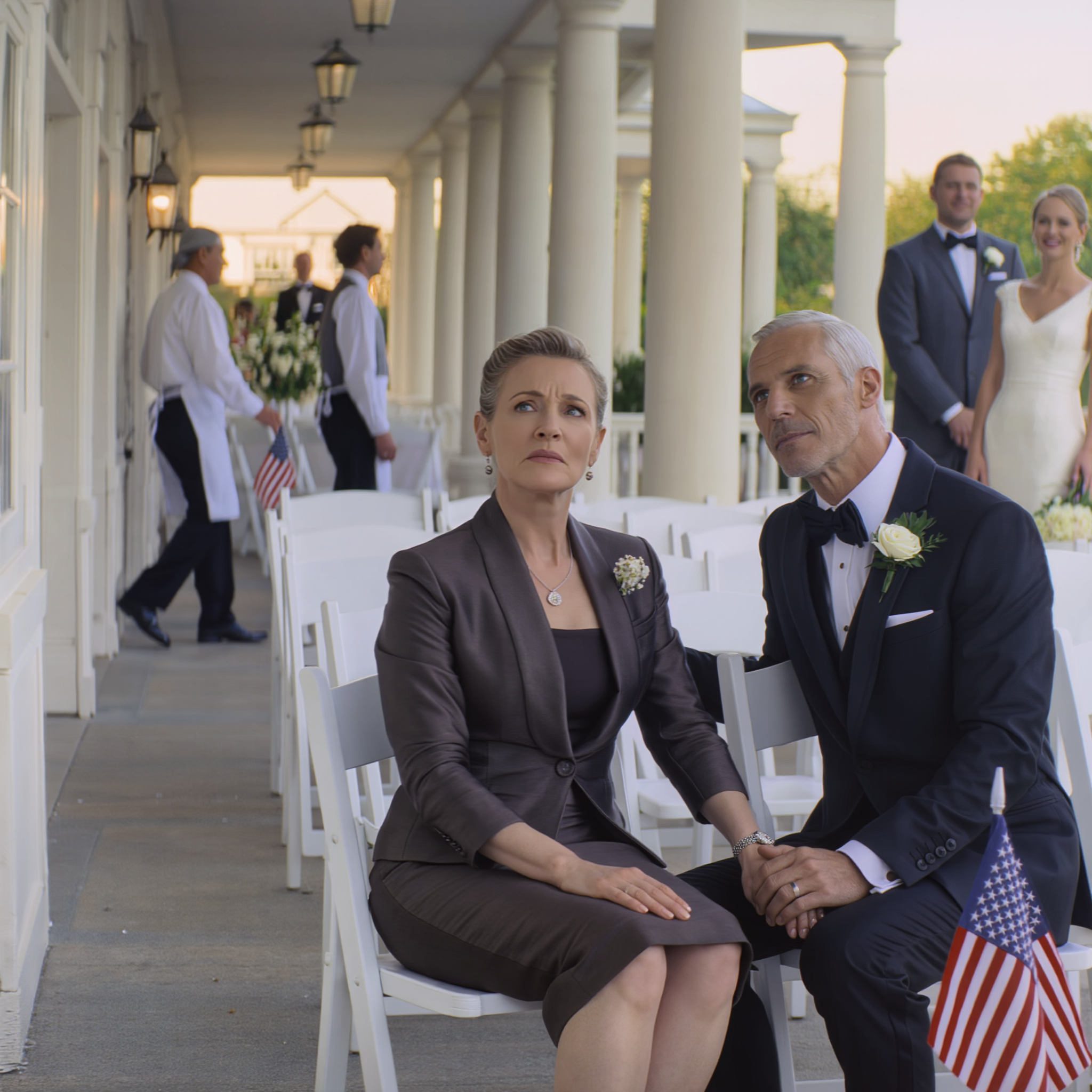 At my son’s luxury wedding, they put me in row 14 right beside the service area. The bride leaned in and whispered, ‘Please… don’t make us look bad today.’ Then a man in a black suit sat next to me and murmured, ‘Let’s pretend we came together.’ When my son looked down and saw us, his face went pale.