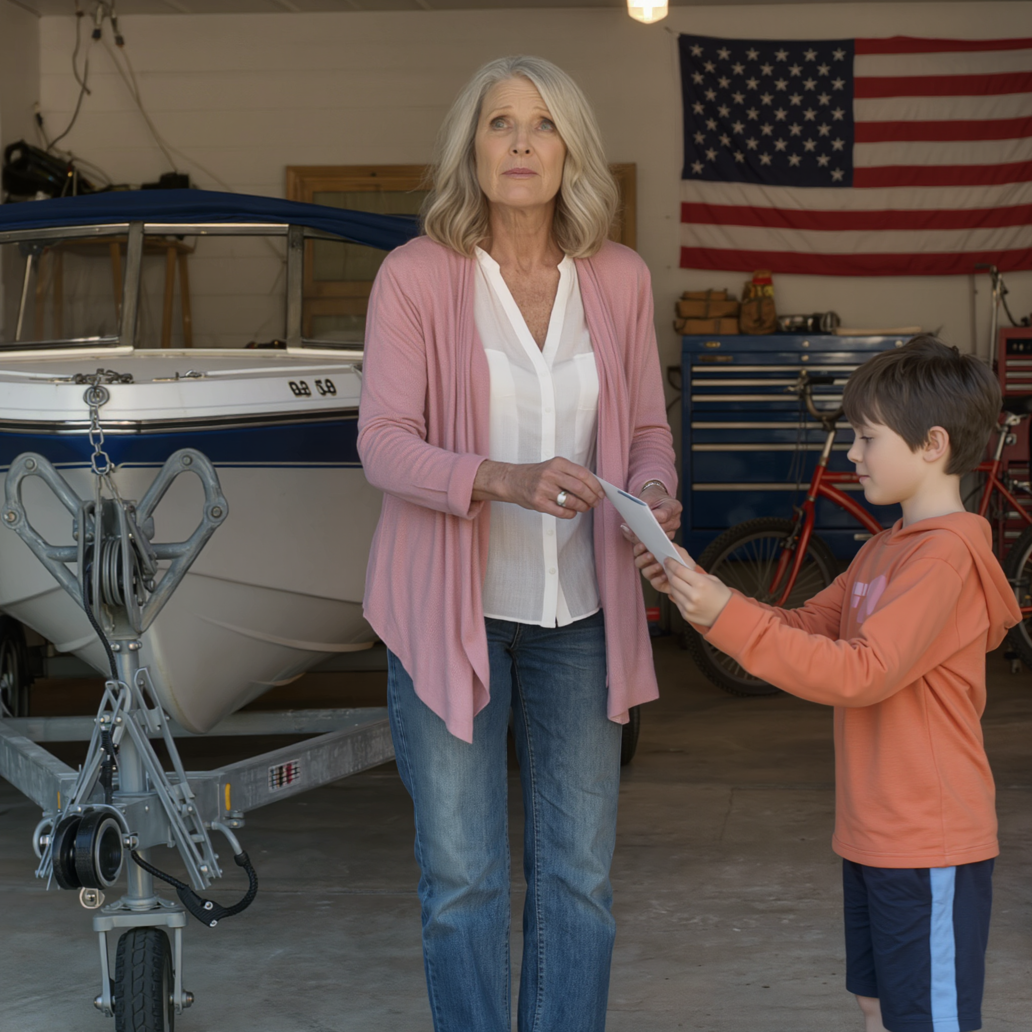 My grandson is scared of his new stepmother, but he won’t tell me why. Last night, he slipped me a note: “Grandma, look under the boat in the garage. Then you’ll understand.” So I went to check—and I froze.