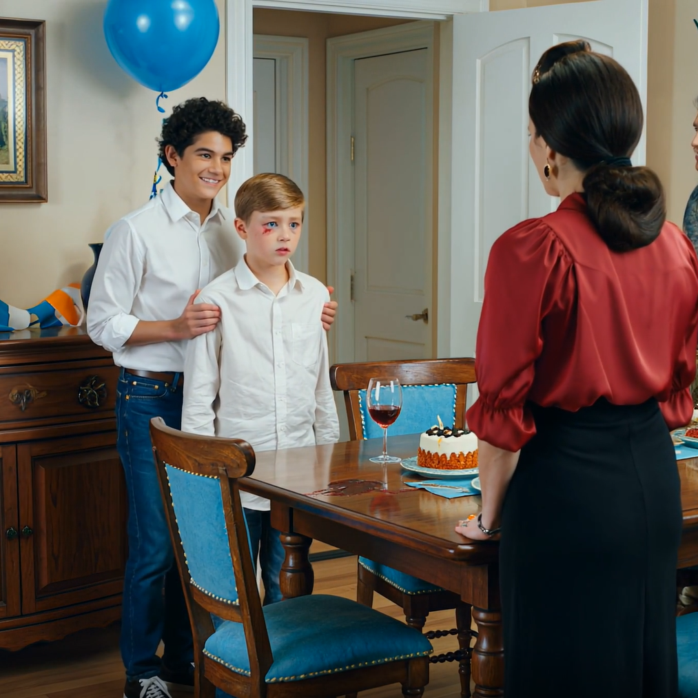 At the birthday party, my son showed up with a bruise under his eye, while my sister’s son was bragging that he had just “made sure he’d remember it forever.” Everyone burst out laughing, until my son quietly spoke up — with just one sentence, the whole mood sank, and my sister dropped the glass in her hand.