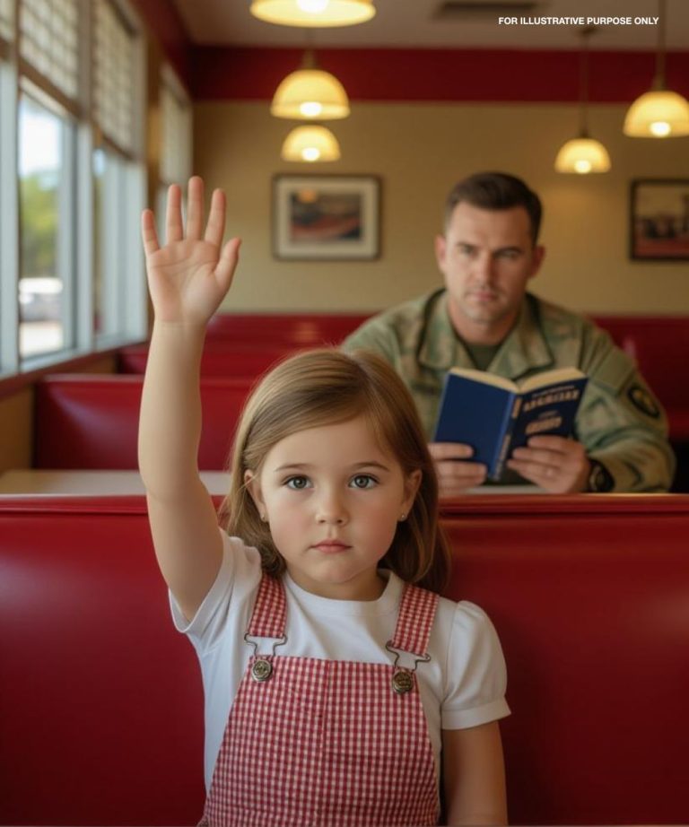 At a quiet roadside diner, a three-year-old girl curled her tiny hand into an S.O.S. signal. A soldier, seated a few booths away, spotted and casually offered her a piece of candy.