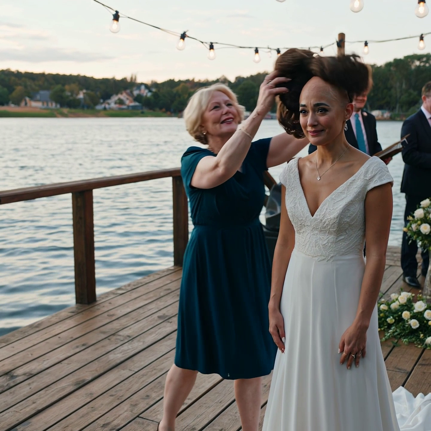 At our wedding, my mother-in-law yanked off my wig — I stood there exposed — then my husband stepped in, hurled it into the lake, and said one sentence that made the entire reception applaud; a few weeks later, her trembling letter changed our lives.