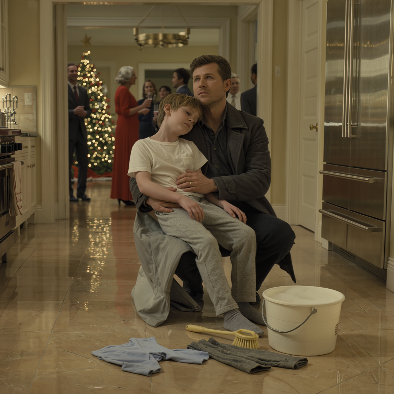 the night i found my son scrubbing my in-laws’ kitchen floor while their other grandkids opened presents in the next room