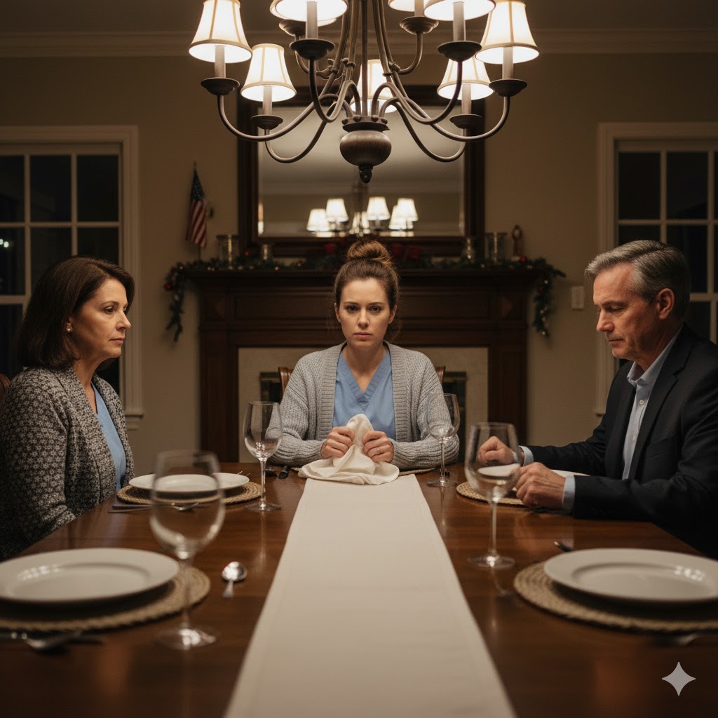 At Our Family Dinner, My Parents Looked At Me And Said, “We Wish You Were Never Born.” I Was Twenty-Eight, Standing In My Scrubs After A 12-Hour Shift, And Realized I’d Been Trying My Whole Life To Earn Love That Was Never Meant For Me—So That Night, I Finally Stopped Trying.