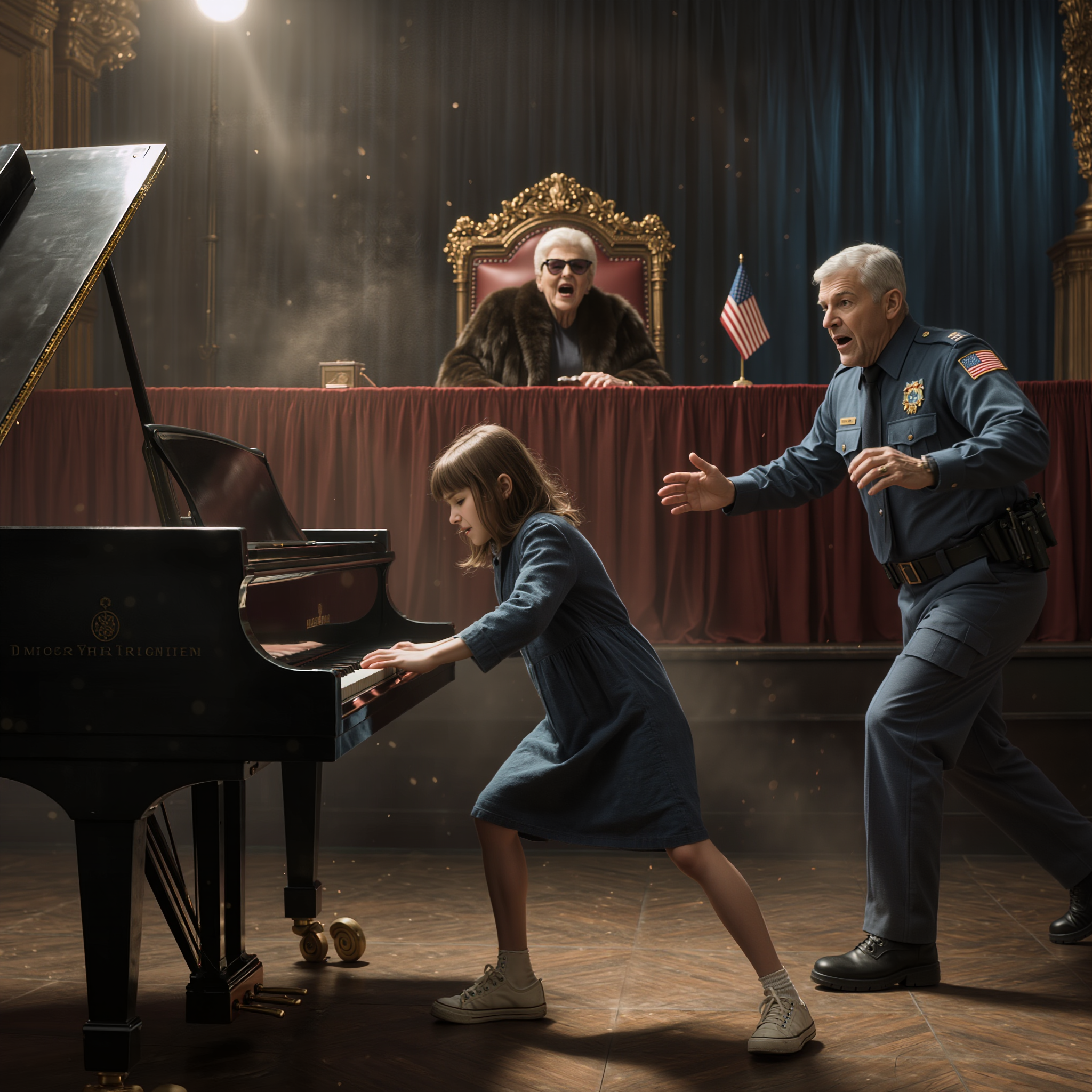 “Security! Why is there a beggar on my stage? Look at her filthy shoes—they’re ruining the floor! Get her out of here immediately! This is a competition for the elite, not a charity event for the poor!” The judge shouted at the eight-year-old girl in a worn blue dress the moment she stepped onto the stage. He had no idea that only minutes later, he would regret for the rest of his life judging a true genius solely by her appearance.