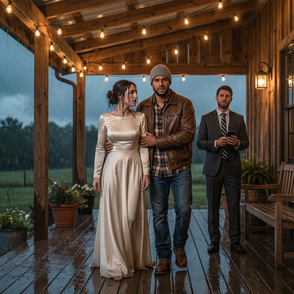 My parents made me sit in the back seat at my sister’s wedding in the rain then she ‘accidentally’ spilled red wine on my white silk dress and said I shouldn’t be in her photos. I didn’t cry. I just stood there soaking wet, holding the bouquet like a prop. Then my husband’s black SUV pulled up. The music stopped. And in just thirty seconds…the groom was led out.