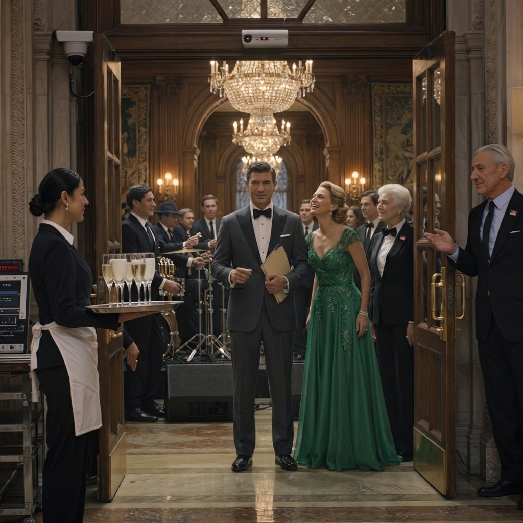 At my sister Madison’s engagement party in a downtown Grand Meridian ballroom, a guard sized up my faded jeans and sneered, “Service entrance,” while Madison laughed like I was hired help. I tied on an apron, stayed invisible, and watched a tiny security camera blink over chandeliers as ‘old money’ guests whispered about what my family could do for them. Then a stranger slipped a USB near the sound system—and my general manager entered with a folder looking for Ms. Wong.