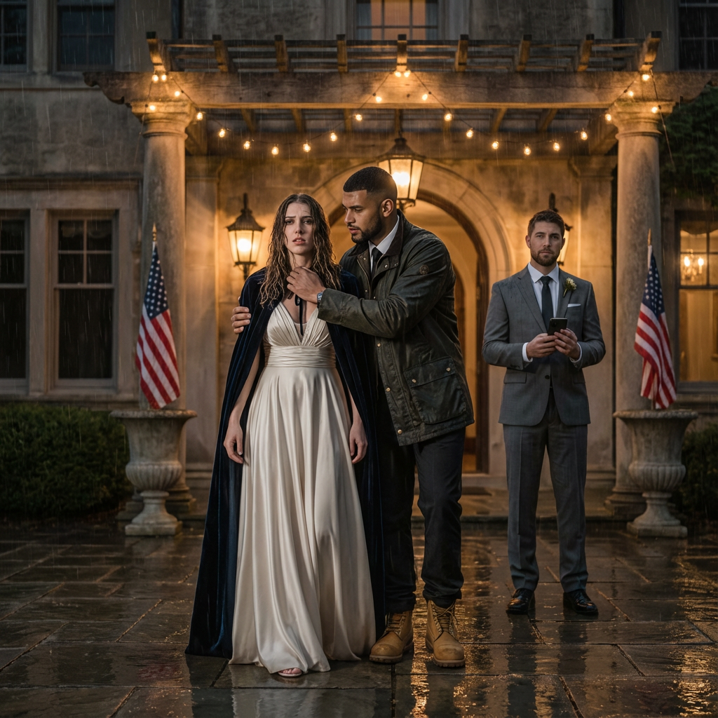 My parents made me sit in the back seat at my sister’s wedding in the rain then she ‘accidentally’ spilled red wine on my white silk dress and said I shouldn’t be in her photos. I didn’t cry. I just stood there soaking wet, holding the bouquet like a prop. Then my husband’s black SUV pulled up. The music stopped. And in just thirty seconds…the groom was led out.