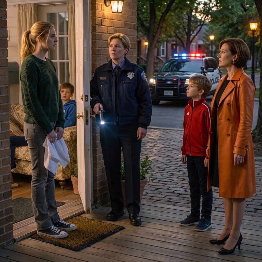 The police officer’s flashlight slid across our front porch like a slow blade, catching the peeling paint on the railing, the welcome mat that hadn’t felt welcoming in weeks, the edge of the door I’d been terrified to lose.
