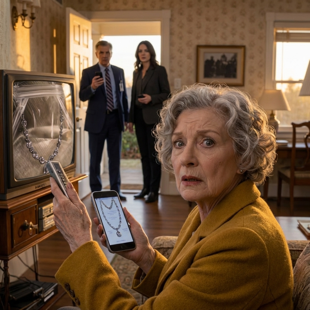 My daughter-in-law borrowed my jewelry for a party. Hours later, I saw my necklace on the news, sealed in a clear evidence bag. My phone vibrated with a text message from her: ‘Don’t believe whatever they say.’ Minutes later, police cars arrived at my house… and the strangest thing was: they didn’t ask about her. They asked about me.