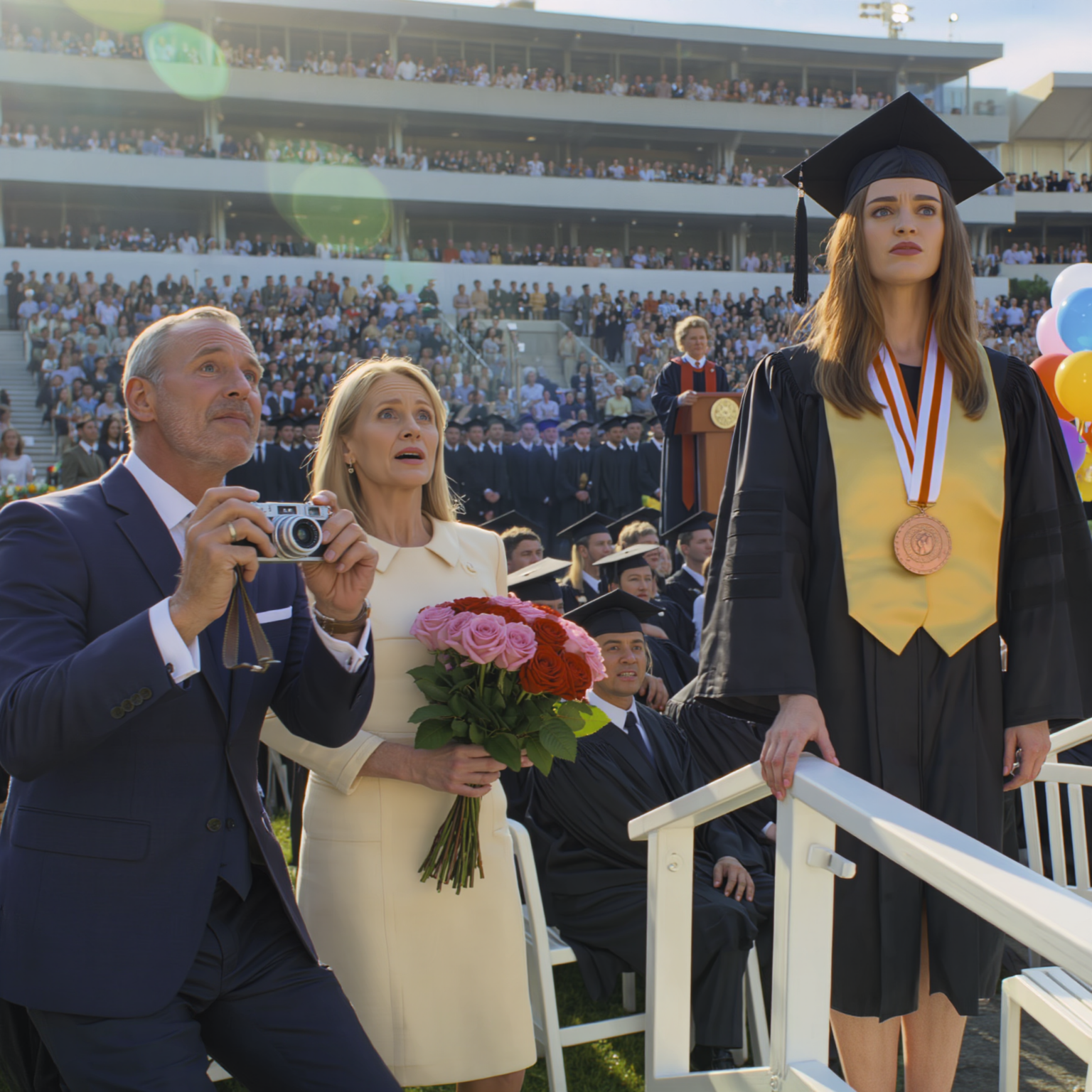 They came for my twin sister’s graduation with flowers and front-row smiles—then the dean started describing a valedictorian they didn’t recognize