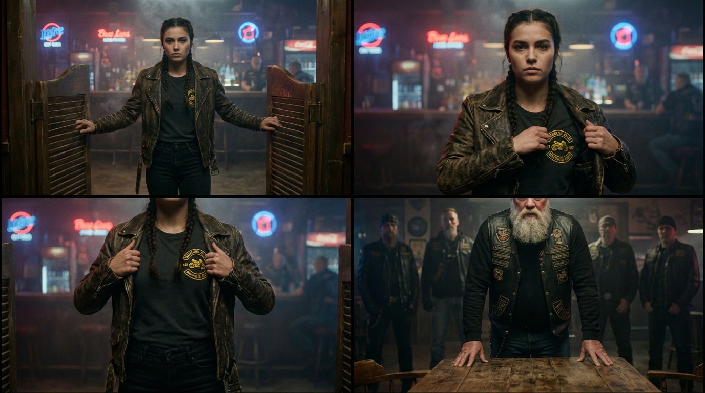 Behind her, the door swung shut with a final sounding thud. The club president rose slowly, towering over her small frame, his weathered face unreadable, as he assessed the rival colors she wore so boldly