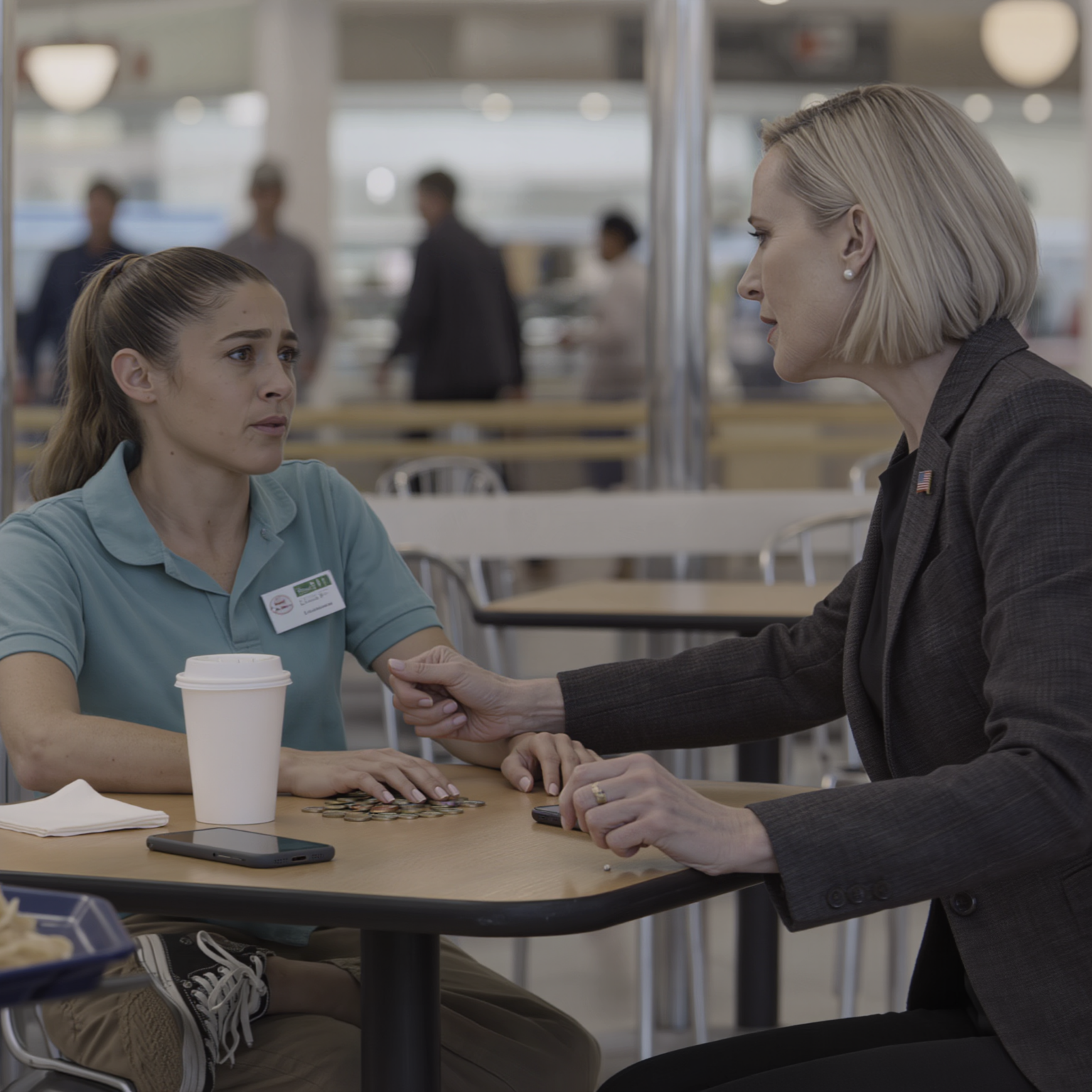 I saw my daughter sitting in the mall food court counting coins just to buy coffee — i asked, “where’s the suv mom helped you buy?” — she whispered: “my husband and my mother-in-law took the car, took the money… and they threatened to take my daughter” — i only said one line, then did one thing that left them no time to react…