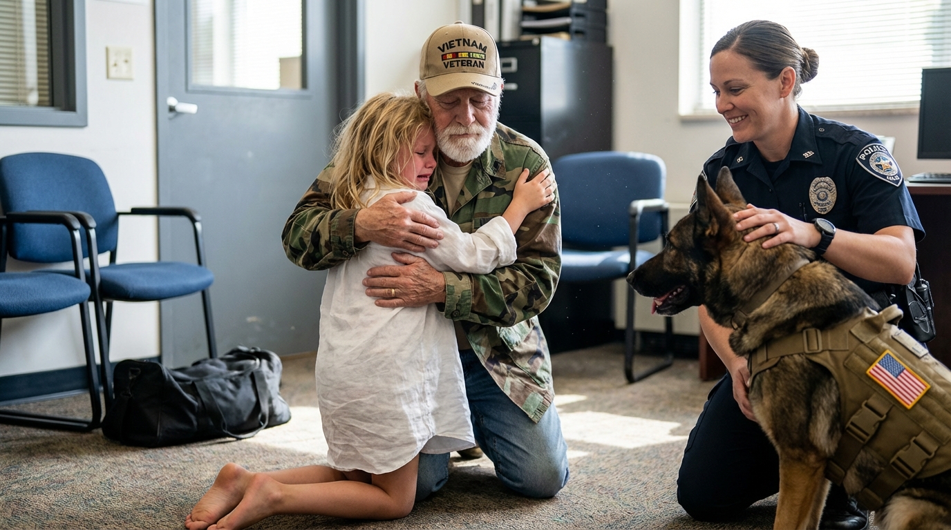 A Barefoot Little Girl Ran Through the Snow and Into a Police Station, Throwing Her Arms Around a Visiting Veteran — But the Calm Shattered When the Retired War Dog at His Side Began Growling at the Officer Who Came to Take Her Away