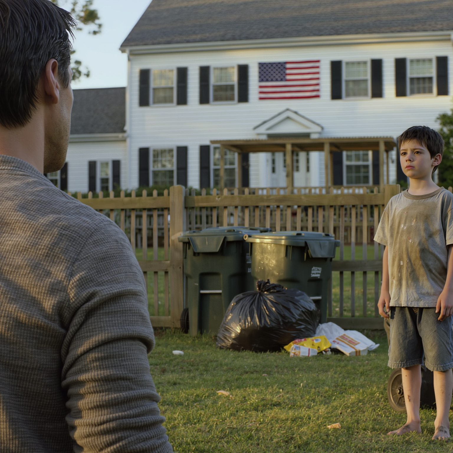 My deployment ended early, I drove 9 hours from Fort Bragg to Georgia to surprise my son—but the moment I turned to the backyard I saw him barefoot digging through the trash, ribs showing, clutching a moldy pasta container. He sobbed: “Mom and Grandpa said… food is only for blood-related people.” I picked him up, bought him his first real meal… then walked back inside, where my wife and her father were laughing at the TV—and an hour later, everything flipped.