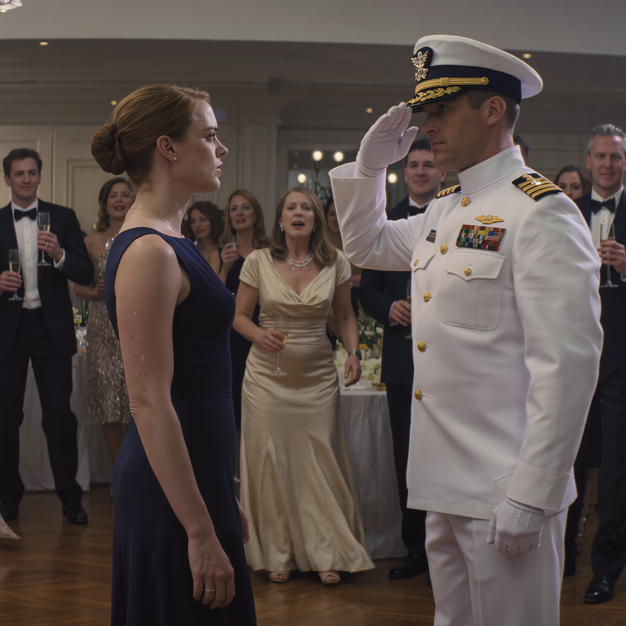 “This is our family’s biggest embarrassment,” my mom laughed, her hand still resting on my sister’s fiancé – a SEAL commander. The whole table burst out laughing. He stepped forward to shake my hand… then froze. His eyes snapped wide, razor sharp. He stepped back, snapped to attention, and threw a crisp salute: