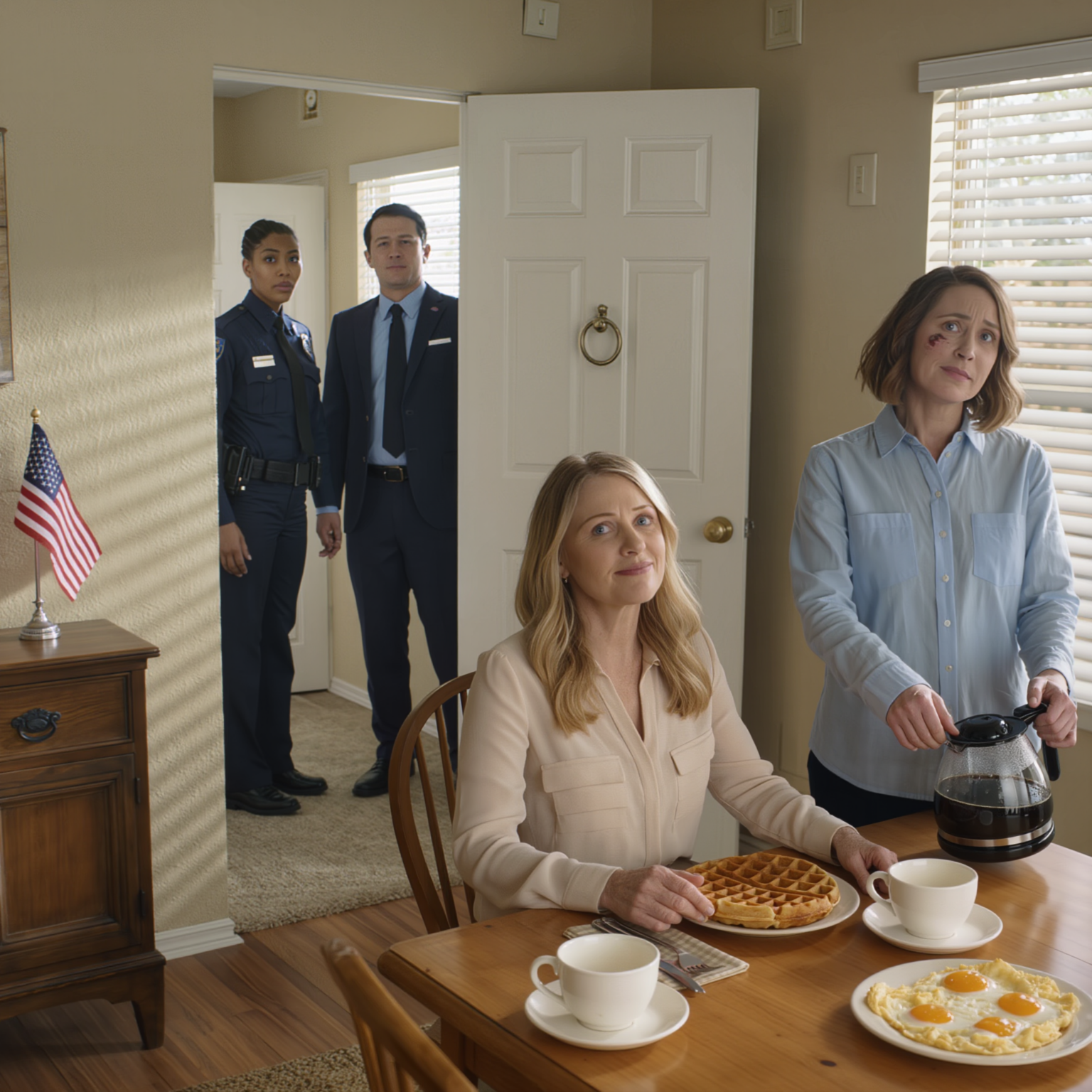 In the middle of a packed supermarket in Des Moines, my sister slapped me across the face just because I refused to pay the bill with a card that had my name on it… I swallowed the humiliation, stood like stone, letting hundreds of eyes lock onto the red mark on my cheek. The next morning, I was up before dawn, laid out a lavish breakfast on my mother’s china, and she smiled, satisfied: “Good. That’s what I like to see”… until she froze when she saw a “guest” already sitting at the table.