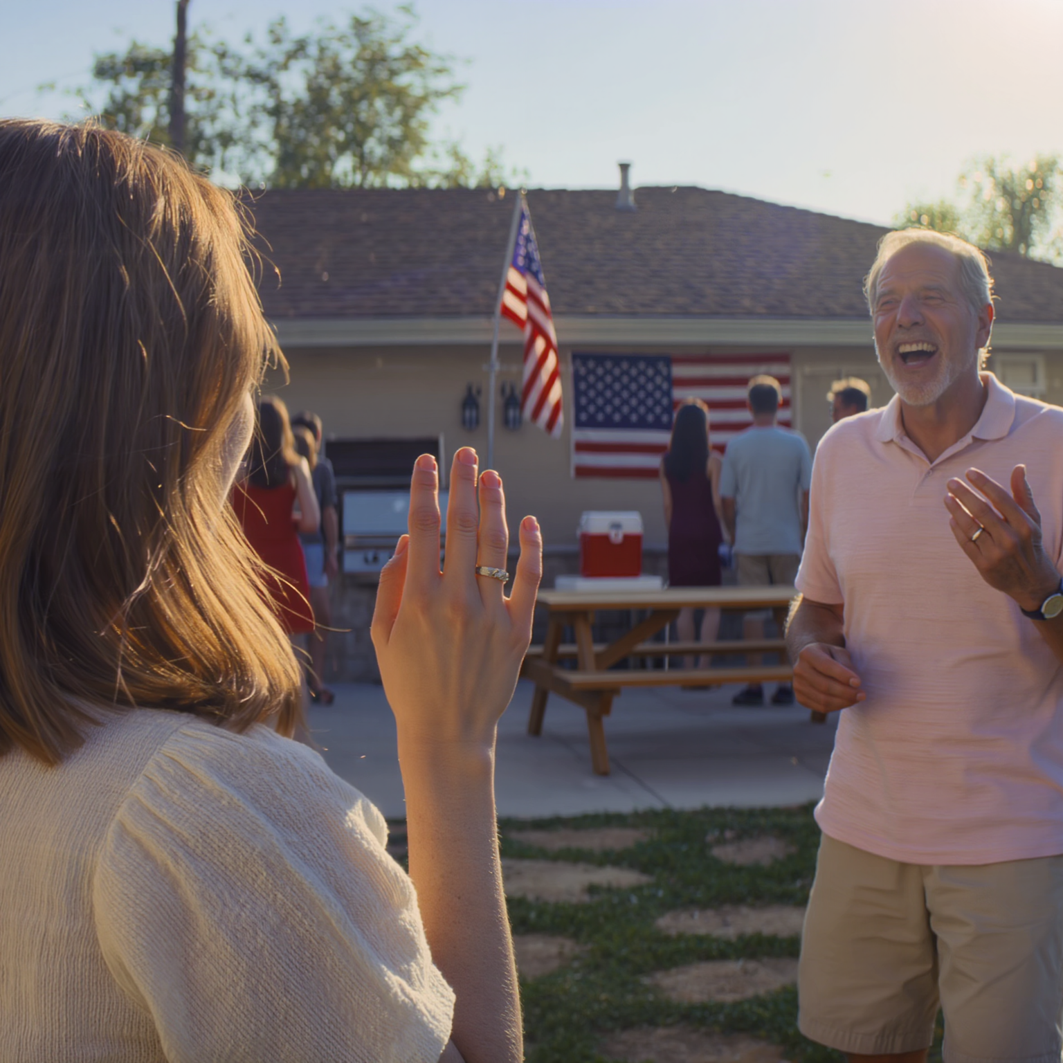 An engagement ring? Oh, please—quit acting… who would ever want to marry you?” My dad mocked me in the middle of a backyard BBQ, the whole family piling on, ice clinking in plastic cups. I stood still in my duty slacks, the ring still on my hand. Exactly 3 minutes later, a car door slammed in the driveway, a man walked in through the side gate and started to introduce himself… and my father’s smile suddenly faltered.