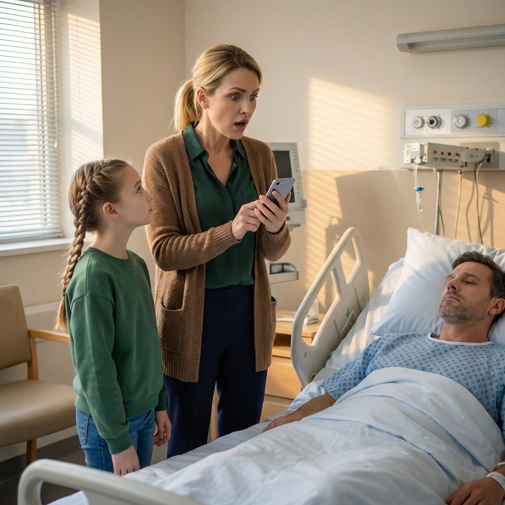 My husband was in a coma after a car accident. I visited him with my daughter. She grabbed my arm and whispered, “mom… dad is awake. He’s faking it.” Confused, I said, “that’s impossible.” She handed me her phone. I saw the screen and froze. I took her hand and left the hospital immediately.