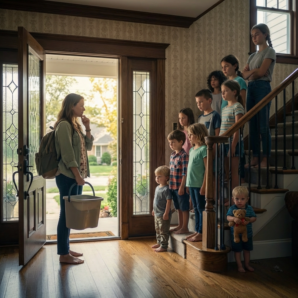 I walked into a billionaire’s mansion with my mop bucket and Walmart gloves, and six little girls lined up on the staircase like I was the next target. Thirty-seven nannies had already run out in two weeks. And the oldest one smiled at me like she already knew how my day would end.