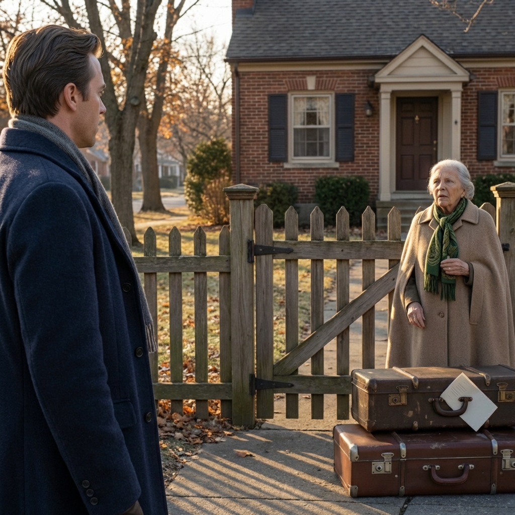 5:30 a.m., my neighbor called: “Your grandma is sitting outside your gate.” I ran out and found her clutching two suitcases, hands shaking, with a folded note tucked in. Checking the security camera, I learned my parents had quietly “dropped” her off at my place so they could clear a room for my younger brother, his wife, and their little kid to move in… I went straight to their house, but what was waiting there was colder than the fog.