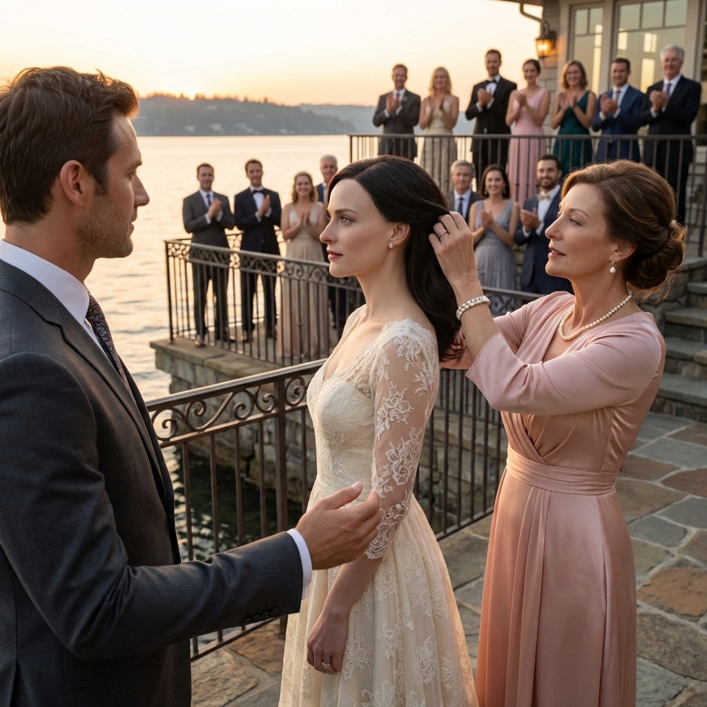 Our wedding by Lake Washington had just reached the first dance when my mother-in-law lunged and yanked my wig clean off my head in front of the cameras — I stood frozen as a champagne flute shattered — my husband didn’t argue: he snatched it back, hurled it into the lake, and said one sentence that made the entire reception explode into applause… then a few weeks later, her trembling letter pulled me into an unbelievable choice.