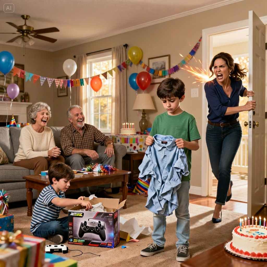 On my son’s seventh birthday, he opened a crumpled shirt three sizes too big. While my nephew unwrapped a gaming system, my parents laughed. That’s enough for him. Real gifts are for kids who matter. I took back the presents we brought and said, “Enjoy what you have. There won’t be a next time.” The room fell silent until my emom slammed her fist down and said……