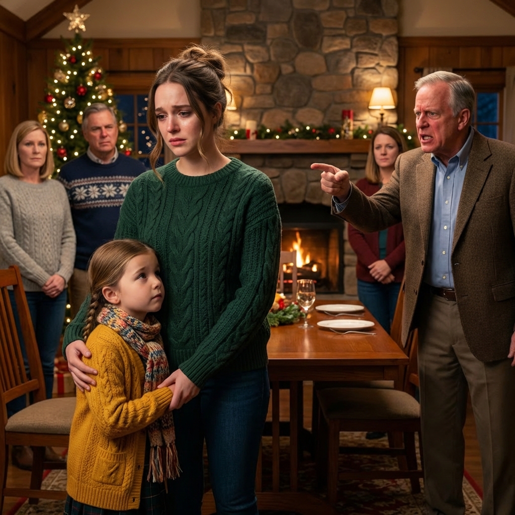 Three months ago, my father made me stand in the doorway with my eight-year-old daughter while fifteen relatives watched, and he told us to leave christmas dinner like we were strangers who’d wandered into the wrong house. my sister smiled and said, “never come back,” my mother added, “it’s better without you,” and lily just sat there with her napkin in her lap, waiting for grace. i didn’t beg. I didn’t cry. I said one calm sentence—then made one call that turned their perfect holiday table into five minutes they still can’t explain.