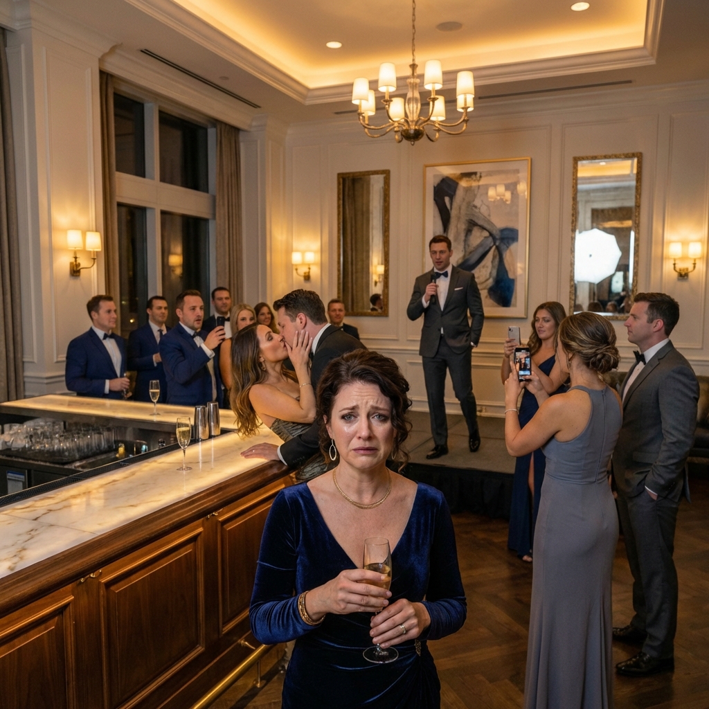 At the company party, I caught my husband kissing my best friend behind the bar. My stomach dropped. I turned—and saw her husband watching, smiling. “You knew?” I hissed. He slipped a mic into his hand. “Not just knew,” he murmured. “I planned this.” He walked onstage. The music cut. The screen lit up—texts, hotel receipts, a video from minutes ago. My husband went white. My best friend froze. At the company party, I caught my husband kissing my best friend behind the bar. My stomach dropped.