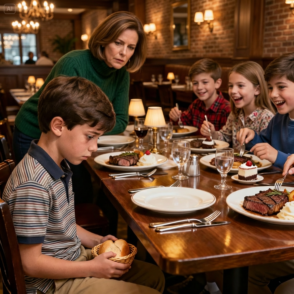 We didn’t order for your son,” my sister said, handing him a bread basket while her kids ate $100 steaks and dessert. My dad added, “You should have packed him something.” I just smiled and said, “Noted.” When the waiter came back, I stood up and announced, “I’ve spent most of my adult life cleaning up after my sister’s messes, financial, emotional, even babysitting her kids while she went on her last minute emergency getaways.