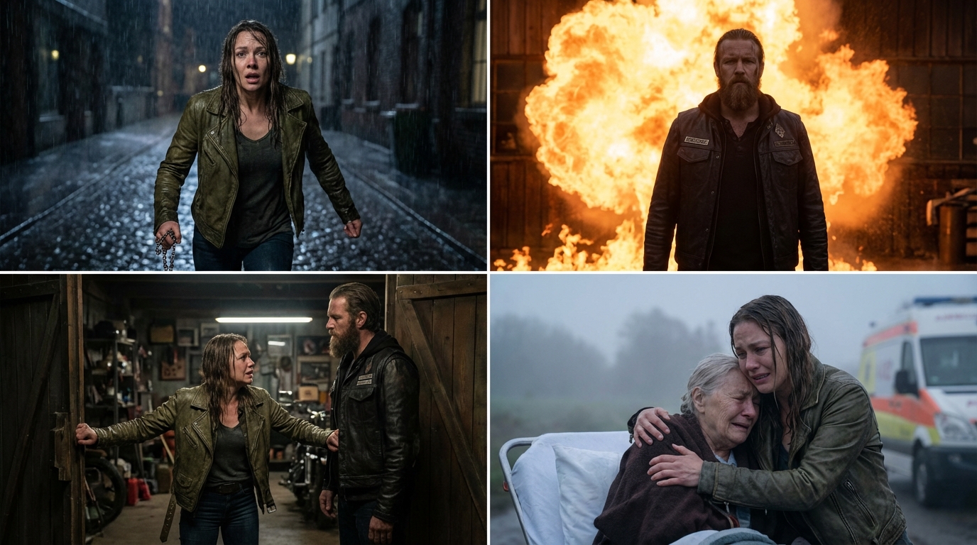 A German Shepherd crashed through the clubhouse door, blood pouring from his torn shoulder. On his back, a seven-year-old girl, blonde hair soaked red, pink pajamas shredded, face covered in bruises shaped like a man’s fingers. 20 Hell’s Angels bikers froze. The child slid off the dying dog and collapsed at their feet.